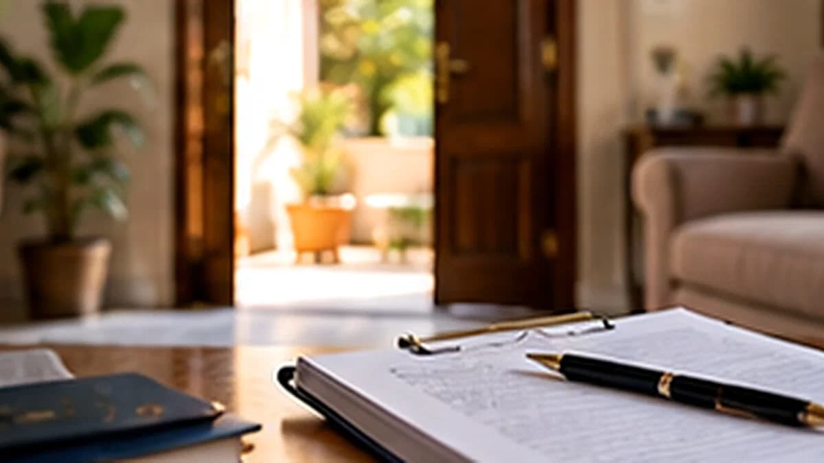 Documenti e una penna su un tavolo, in una casa