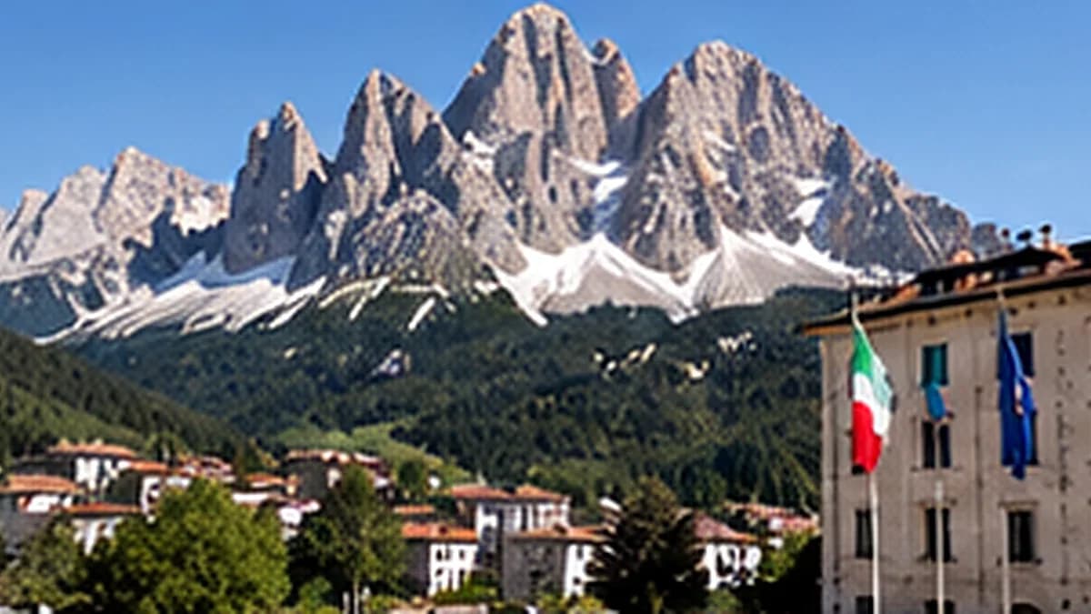 Un paese di montagna con la bandiera italiana