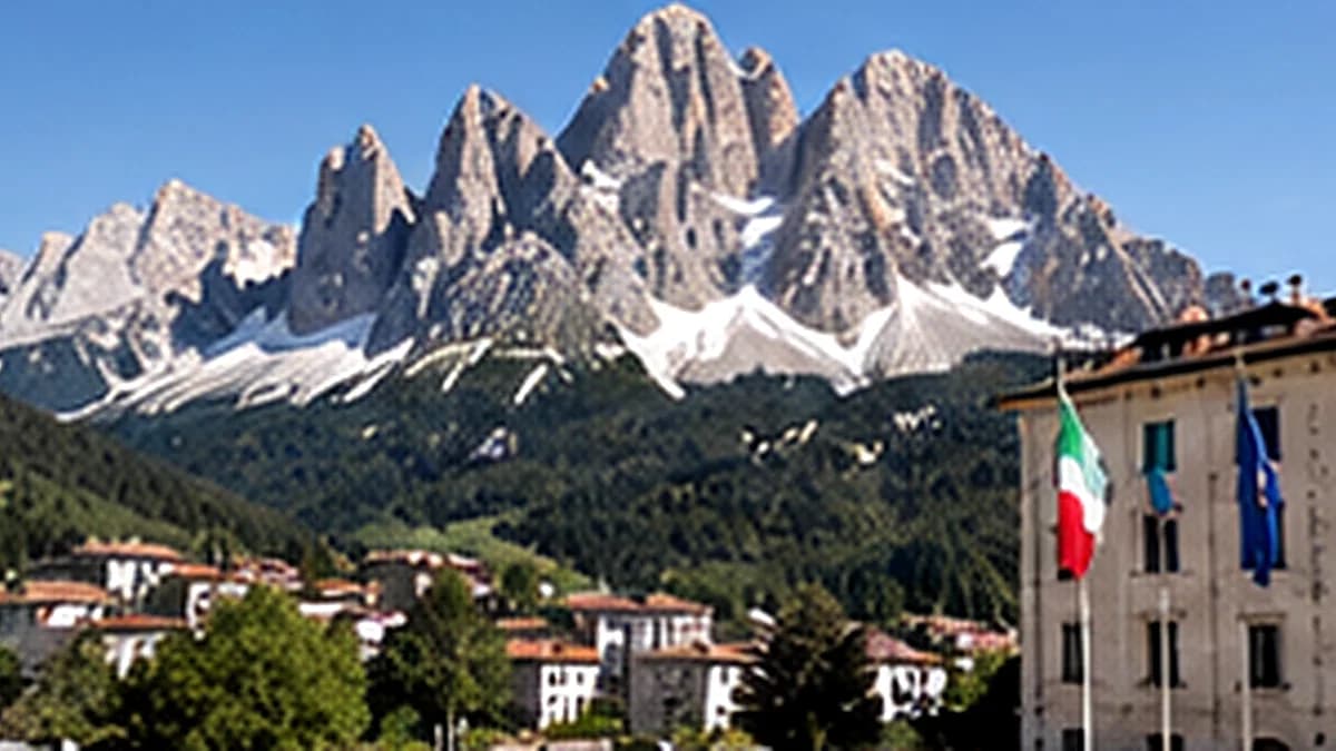Un paese di montagna con la bandiera italiana