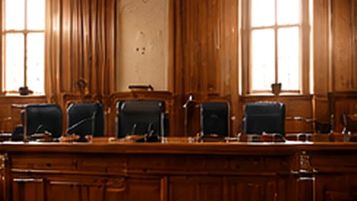 Un’aula di tribunale con i banchi di legno