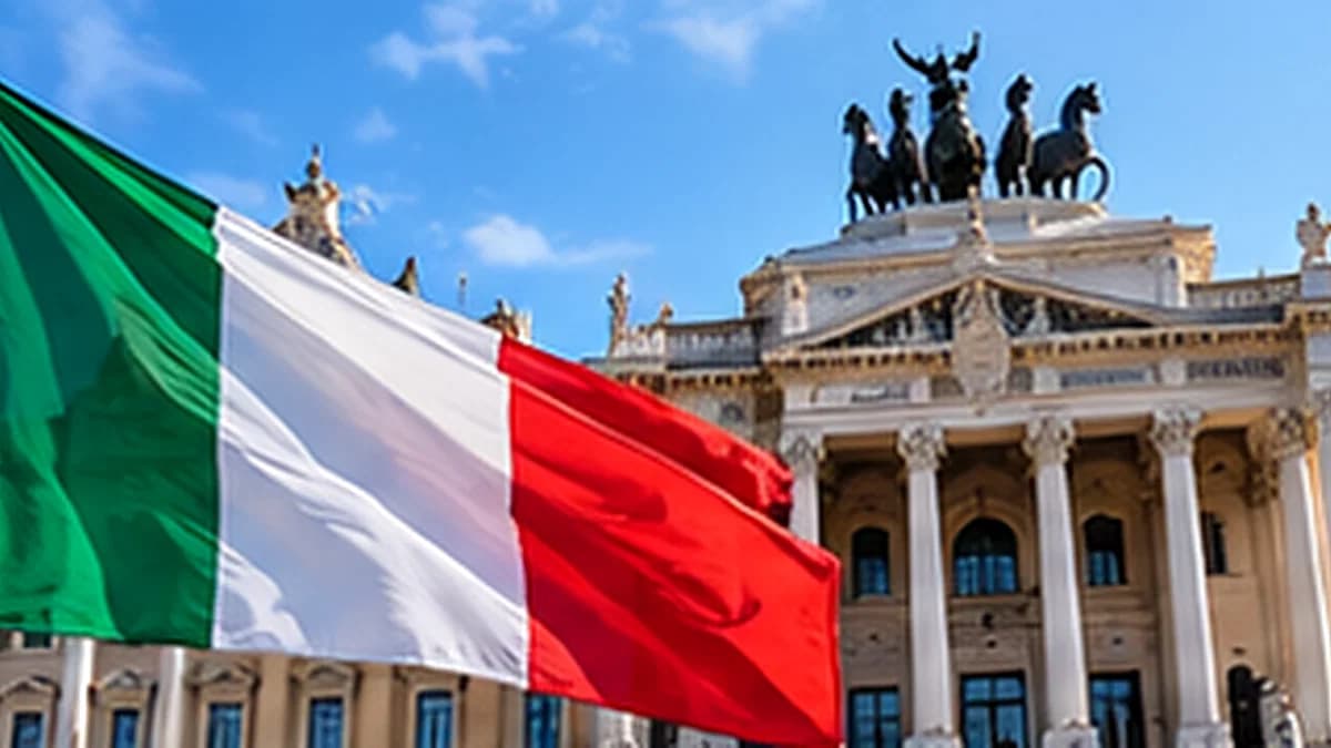 La bandiera italiana davanti a un palazzo con una quadriga