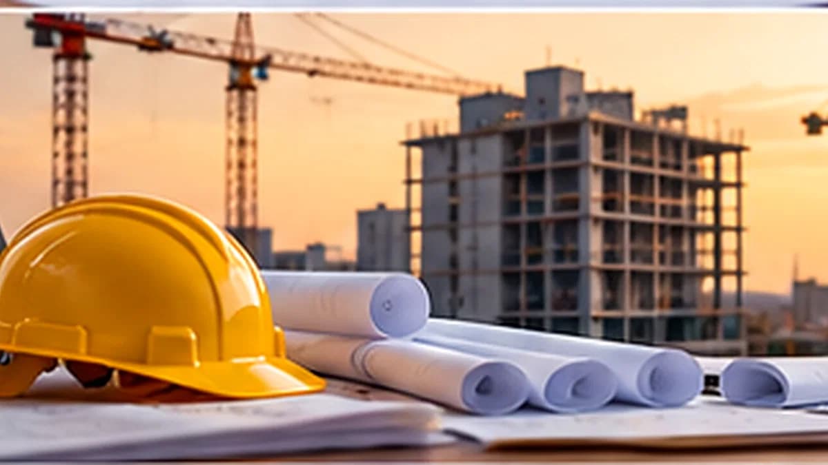 Un casco e dei progetti davanti a un edificio in costruzione