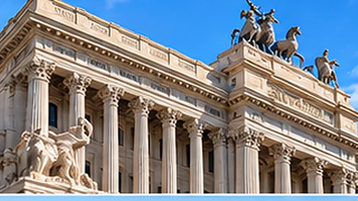 La facciata di un grande palazzo con una quadriga