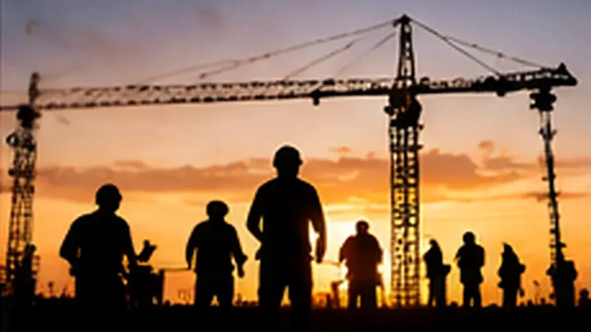 Operai in controluce in un cantiere, al tramonto